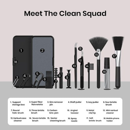 18 in 1 Multi-Purpose Electronic Gadget Cleaning Kit for Smartphones, Tablets, Laptops, Keyboards & Camera Lens | Portable Screen & Keyboard Cleaner with Brushes, Spray & Wipes
