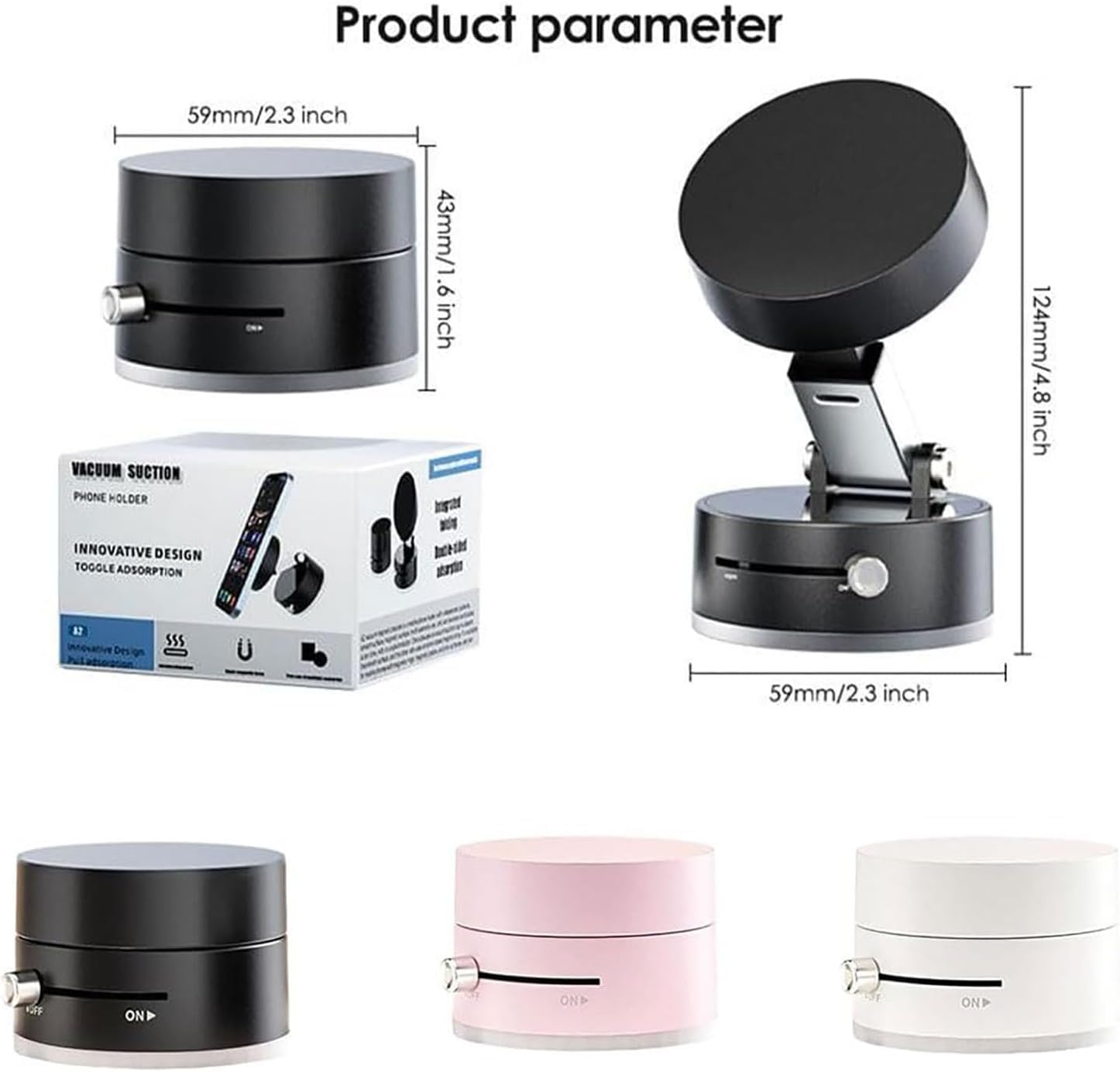 Product parameter display with a phone holder, packaging, and three color options on a white background.