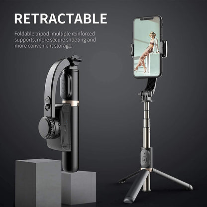 Retractable phone holder with tripod on a dark background