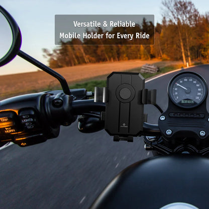 Motorcycle handlebar with a mobile holder and scenic road background
