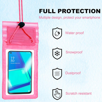 Pink phone case with smartphone display, featuring waterproof, snowproof, dustproof, and scratch-resistant features on a light blue background.