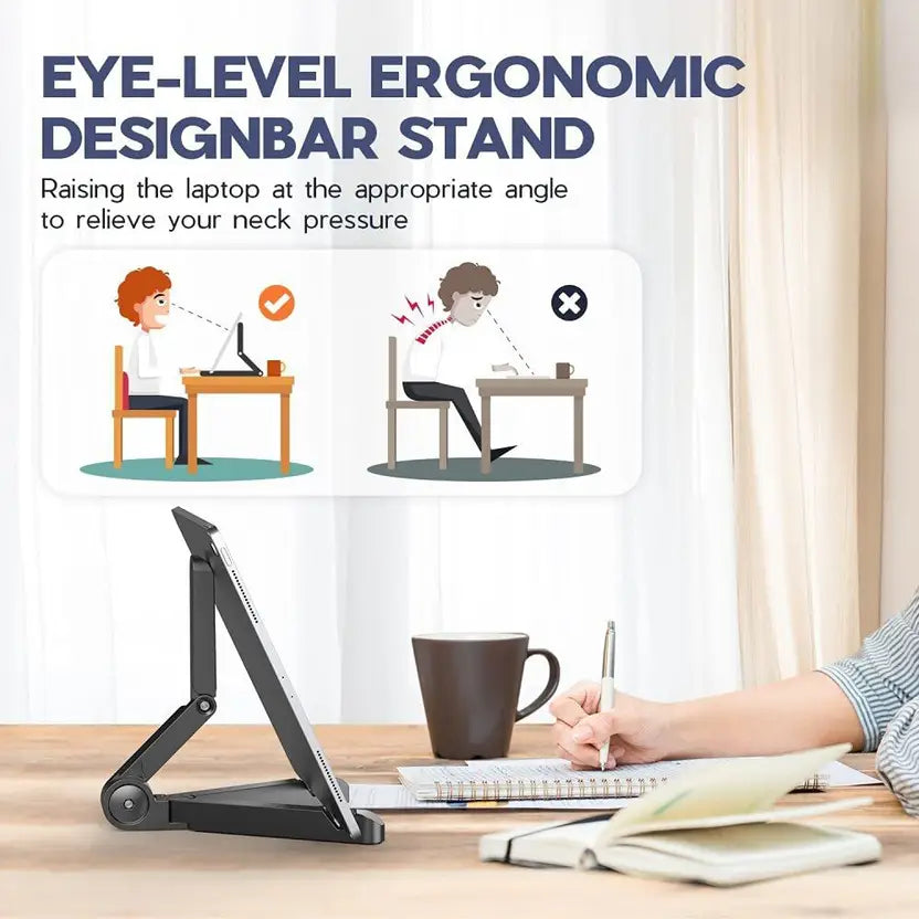 Ergonomic designbar stand on a desk with a person using a laptop, text explaining its benefits.