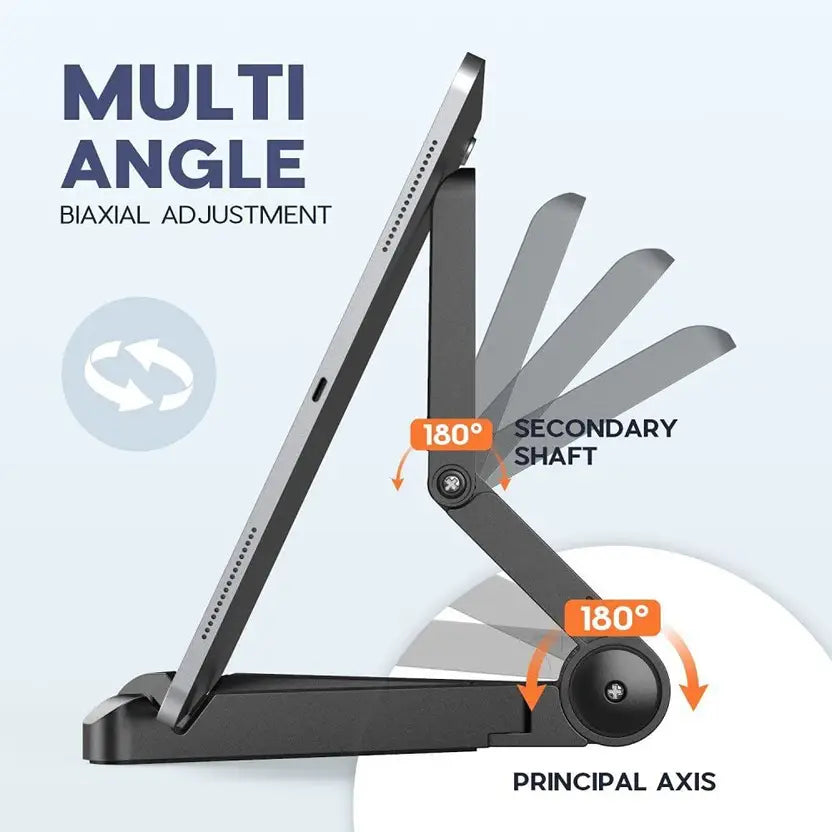 Multi-angle tablet stand with biaxial adjustment mechanism on a light blue background