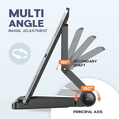 Multi-angle tablet stand with biaxial adjustment mechanism on a light blue background