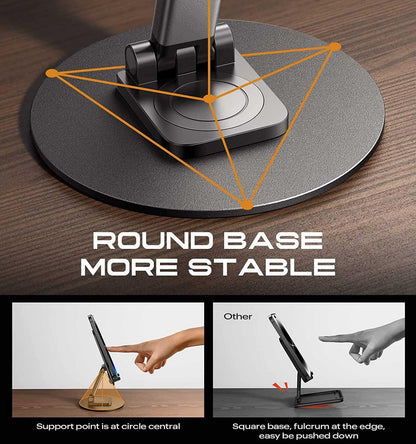 Round base design of a desk stand with stability benefits highlighted.